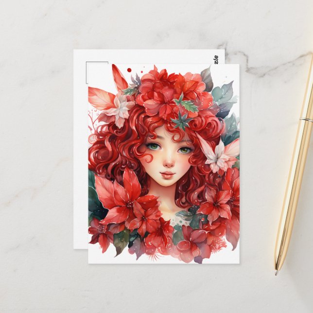 Poinsettia Christmas Flower Fairy Girl Postcard (Front/Back In Situ)
