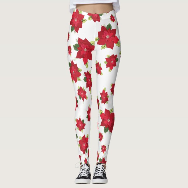 Poinsettia Christmas Flowers  Leggings (Front)