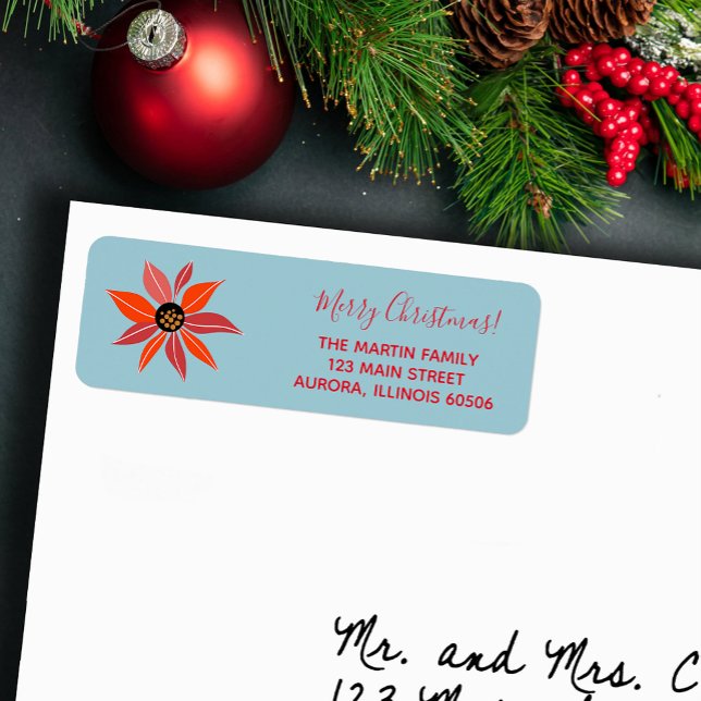 Poinsettia Christmas Holiday Adresse de retour (Red poinsettia Christmas holiday return address labels)