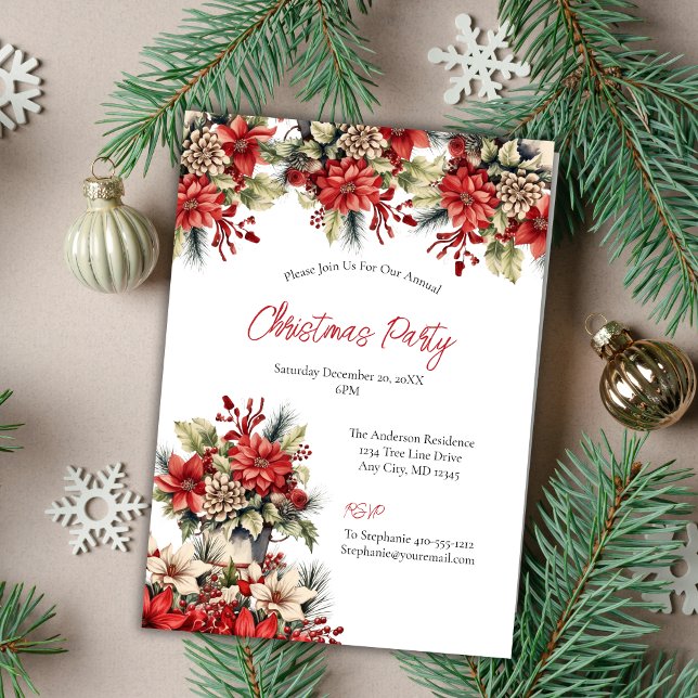 Poinsettia Christmas Holiday Party Invitation (Poinsettia Vintage Christmas Holiday party invitation)