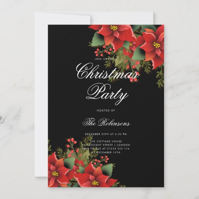 Poinsettia Christmas Invite Program & Menu Black (Front)