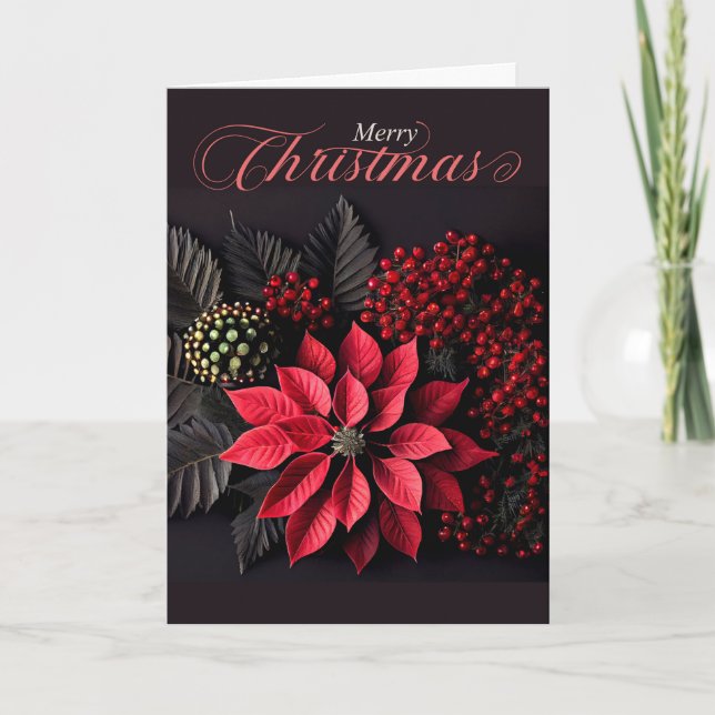 Poinsettia Christmas on Blackh Bold Red Berries Holiday Card (Front)