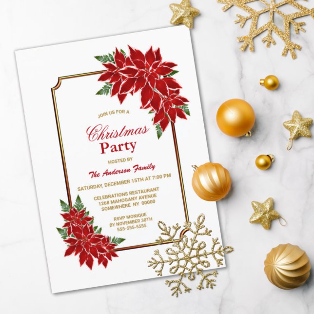 Poinsettia Christmas Party Gold Bordered Invitation (Creator Uploaded)