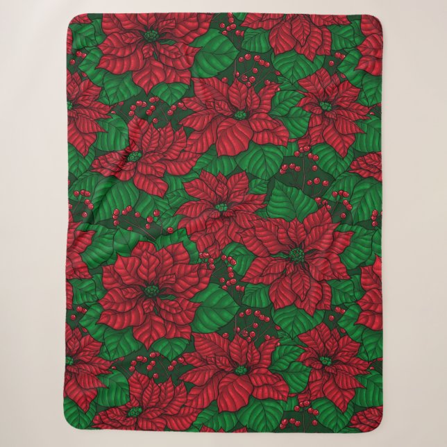 Poinsettia, Christmas pattern Sherpa Blanket (Front)