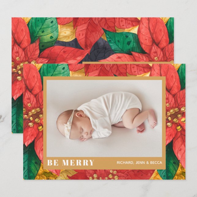 Poinsettia Christmas Photo Birth Announcements (Front/Back)