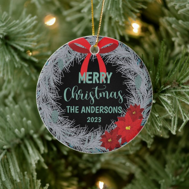 Poinsettia Christmas Wreath Family Name and Year Ceramic Ornament (Tree)