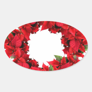 Poinsettia Christmas Wreath Oval Sticker