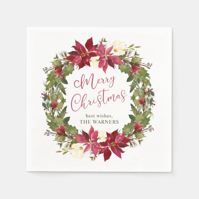 Poinsettia Christmas Wreath Personalized Napkin (Front)