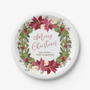 Poinsettia Christmas Wreath Personalized Paper Plate