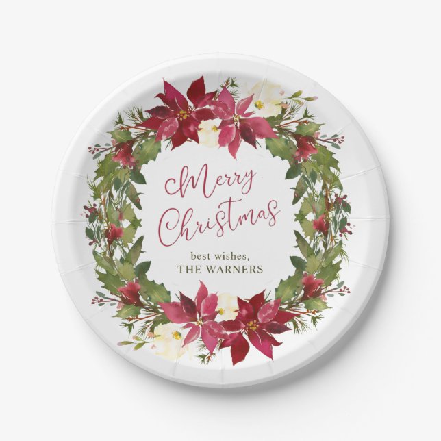 Poinsettia Christmas Wreath Personalized Paper Plate (Front)