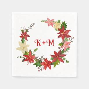 Poinsettia Christmas Wreath Wedding Monogram Napkin