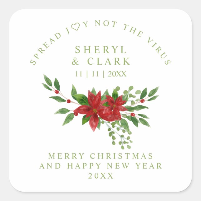 Poinsettia Christmas Wreath Wedding Sanitizer Gel Square Sticker (Front)