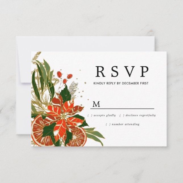 Poinsettia Citrus Gold Winter Wedding RSVP (Front)