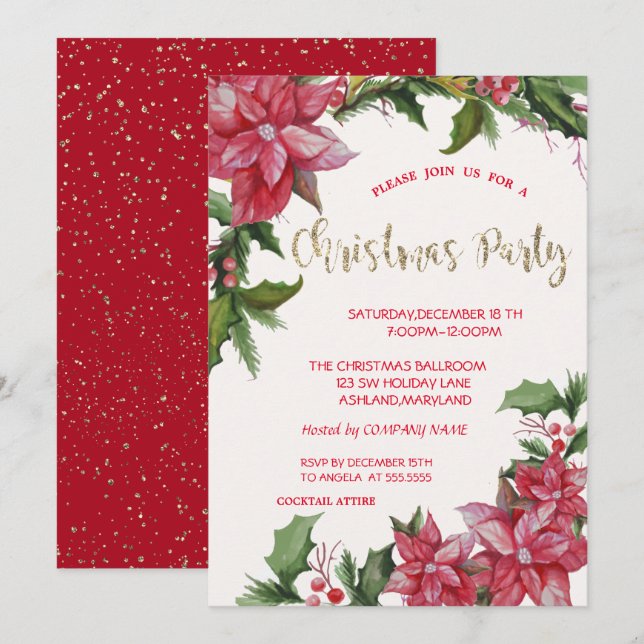 Poinsettia,Confetti,Red Company Christmas Party Invitation (Front/Back)