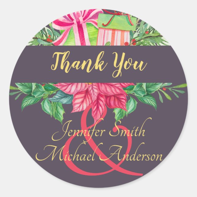 Poinsettia Couples Party Ampersand Purple Classic Round Sticker (Front)