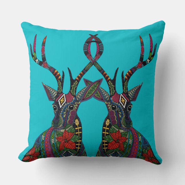 poinsettia deer blue throw pillow (Front)