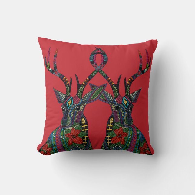poinsettia deer red throw pillow (Front)