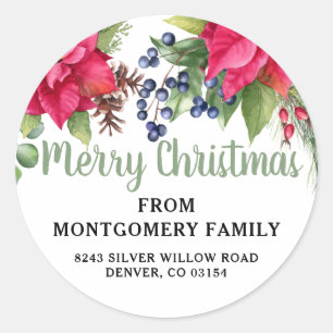 Poinsettia Elegant Merry Christmas Return Address  Classic Round Sticker