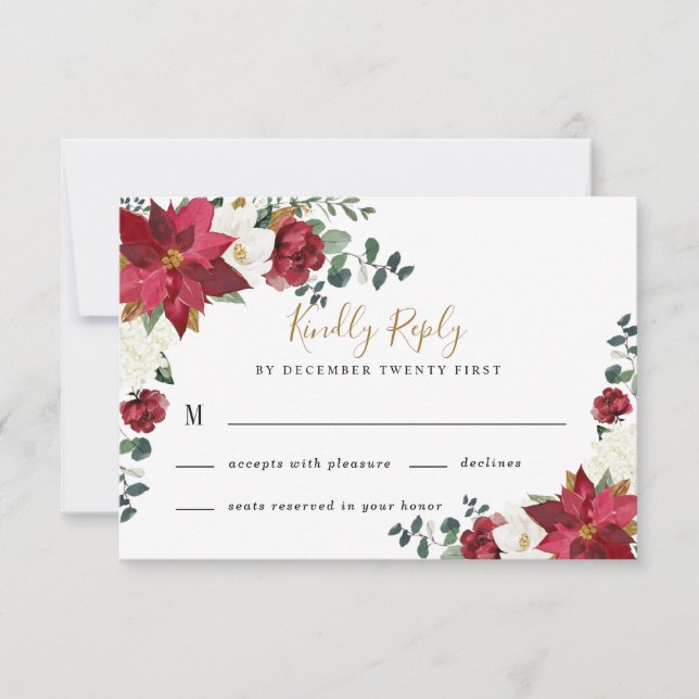 Poinsettia Elegant Red Gold White Floral Wedding RSVP Card (Front)