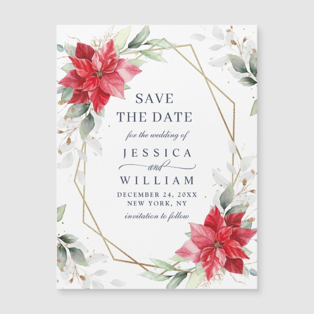 Poinsettia Eucalyptus Save the Date Magnetic Card (Front)