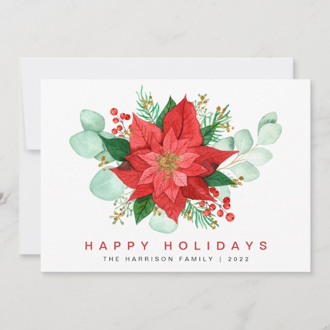 Poinsettia Eucalyptus Watercolor Christmas Holiday Card (Front)