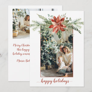 Poinsettia Evergreen Red Border Christmas 2 Photo Invitation