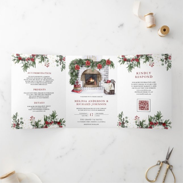 Poinsettia Fireplace Christmas QR Code Wedding Tri-Fold Invitation (Inside)