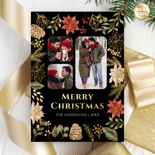 Poinsettia Floral 3 Photo Black Christmas Gold Foil Holiday Card