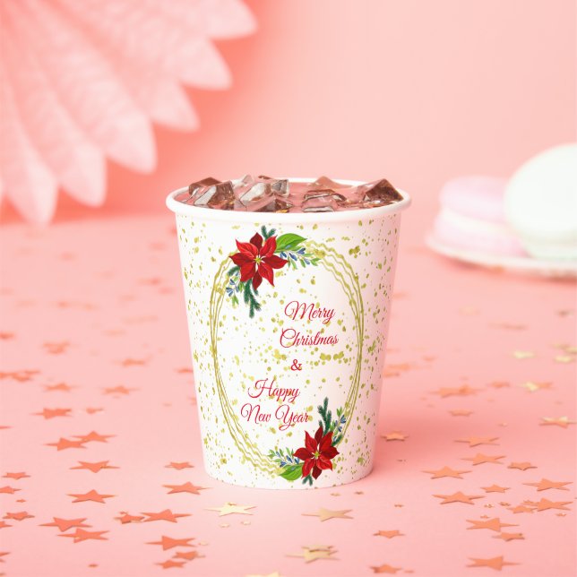Poinsettia Floral Bouquet, Merry Christmas  Paper Cups (Insitu)
