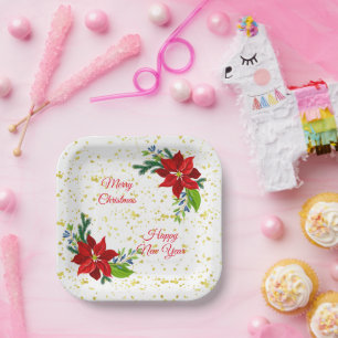 Poinsettia Floral Bouquet, Merry Christmas  Paper Plate