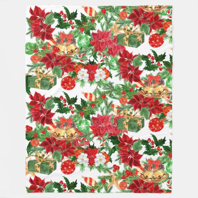 Poinsettia Floral Christmas Collage Fleece Blanket (Front)