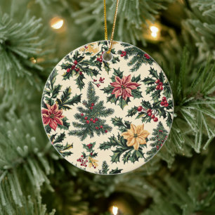 Poinsettia Floral Christmas Pattern (15) Ceramic Ornament