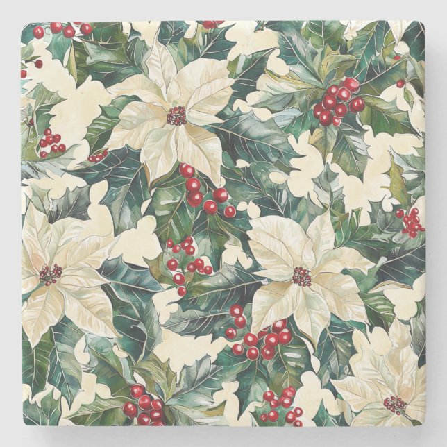 Poinsettia Floral Christmas Pattern (19) Stone Coaster (Front)