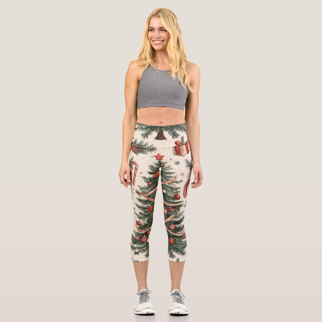 Poinsettia Floral Christmas Pattern (4) Capri Leggings (Front)