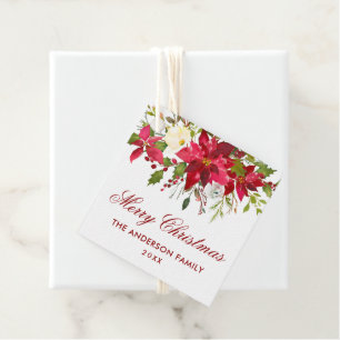 Poinsettia Floral Christmas Square Red Favour Tags