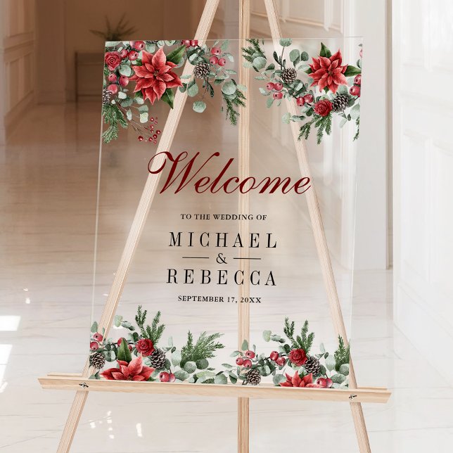 Poinsettia Floral Christmas Wedding Welcome Acrylic Sign (Creator Uploaded)