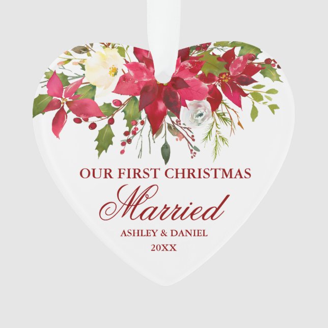 Poinsettia Floral First Christmas Married Heart Ornament (Front)