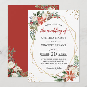 Poinsettia Floral Gold Geometric Christmas Wedding Invitation