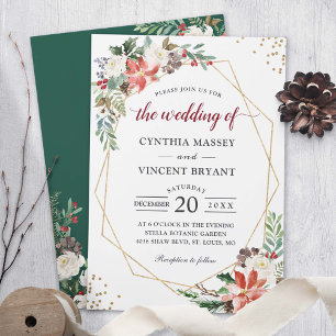 Poinsettia Floral Gold Geometric Frame Wedding Invitation