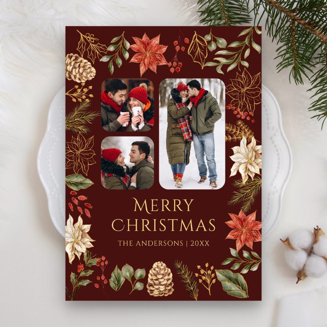 Poinsettia Floral Photo Collage Burgundy Christmas Holiday Card (Creator Uploaded)