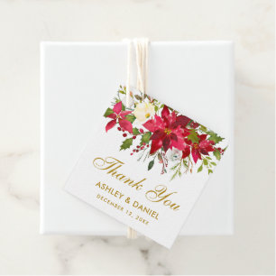 Poinsettia Floral Square Gold Wedding Thank You Favour Tags