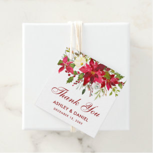 Poinsettia Floral Square Red Wedding Thank You Favour Tags