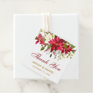 Poinsettia Floral Wedding Red Gold Thank You Favour Tags