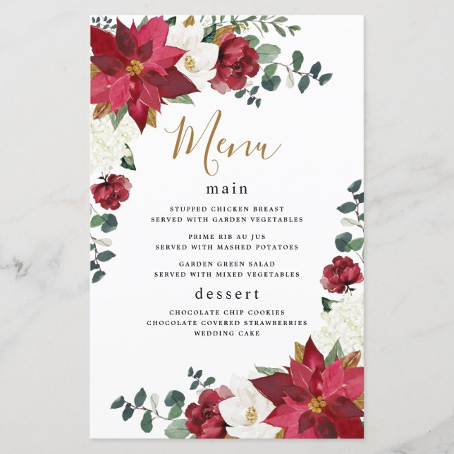 Poinsettia Floral Winter Red Wedding Menu Cards (Front)