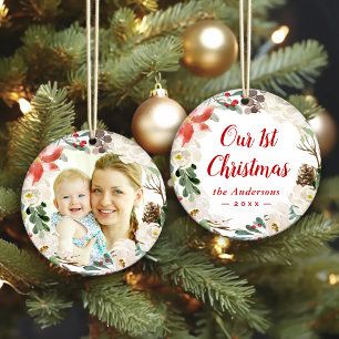 Poinsettia Floral Wreath First Christmas Photo Ornament