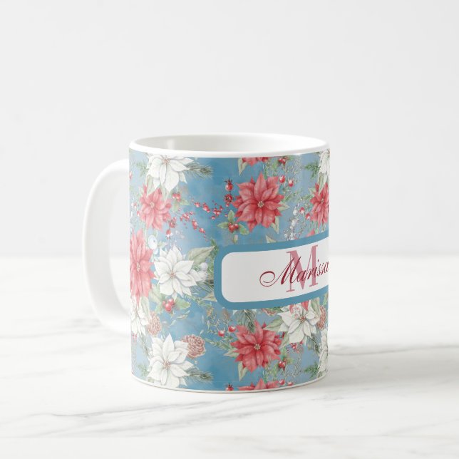 Poinsettia florale Mug sur bleu Personnalisé (Devant gauche)