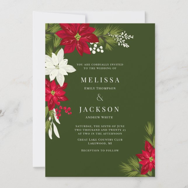 Poinsettia Flower and Pine Wedding Green Invitation (Front)