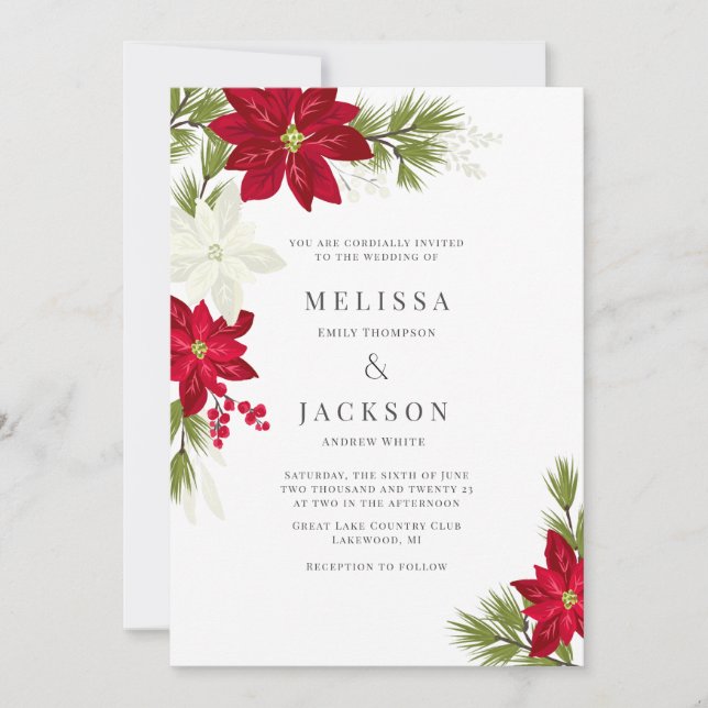 Poinsettia Flower and Pine Wedding  Invitation (Front)