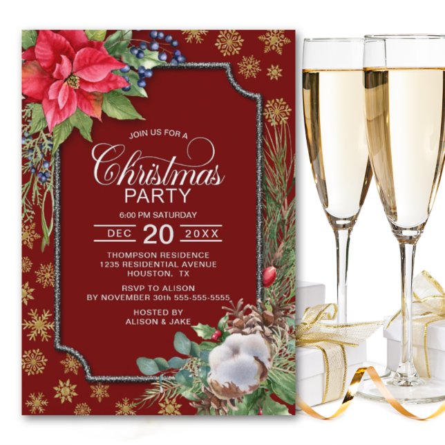  Poinsettia Flower Gold Snowflakes Christmas Party Invitation (Creator Uploaded)