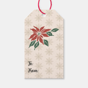 Poinsettia Flower Illustration Snowflake Pattern Gift Tags